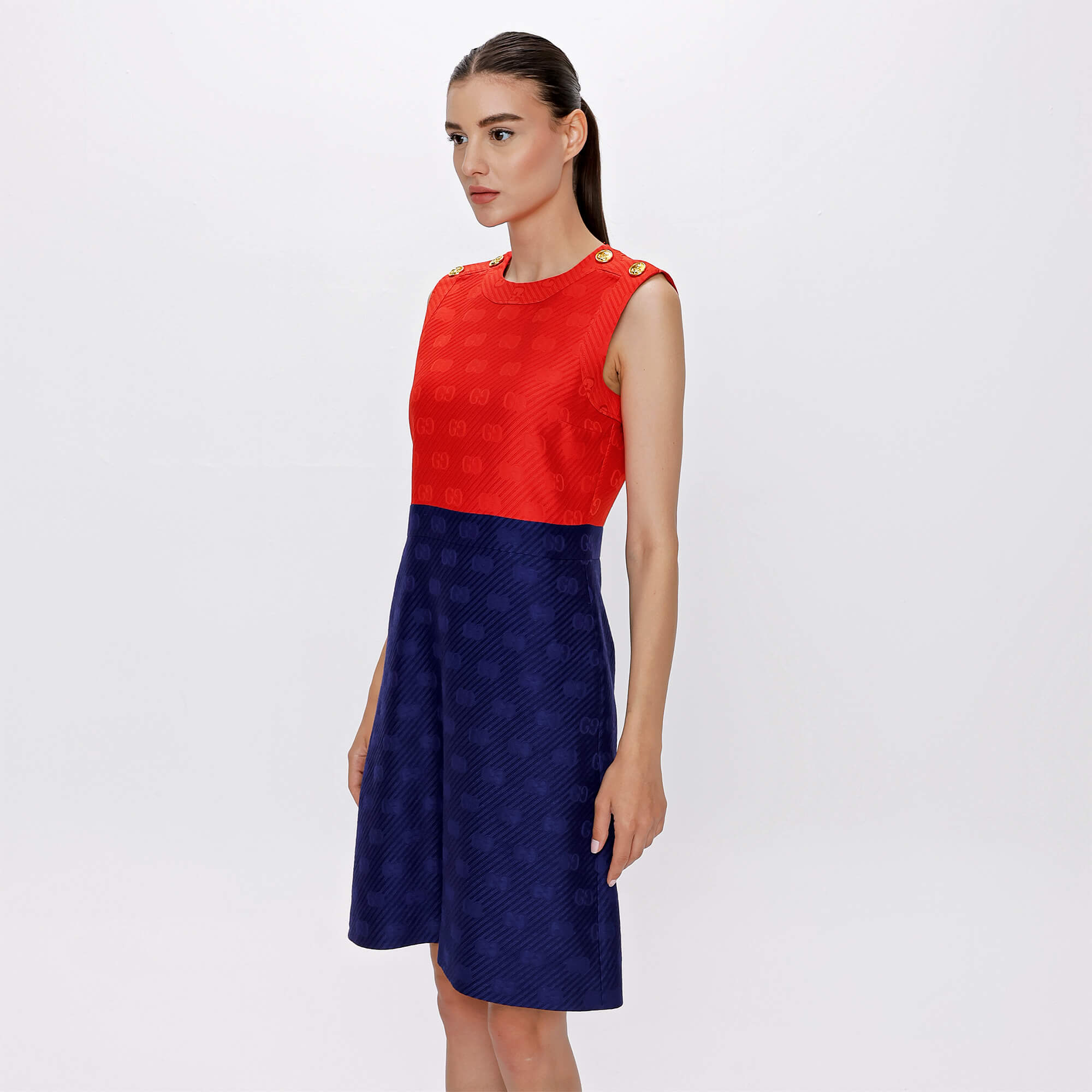 Gucci - Red&Navy Blue GG Gold Button Dress 